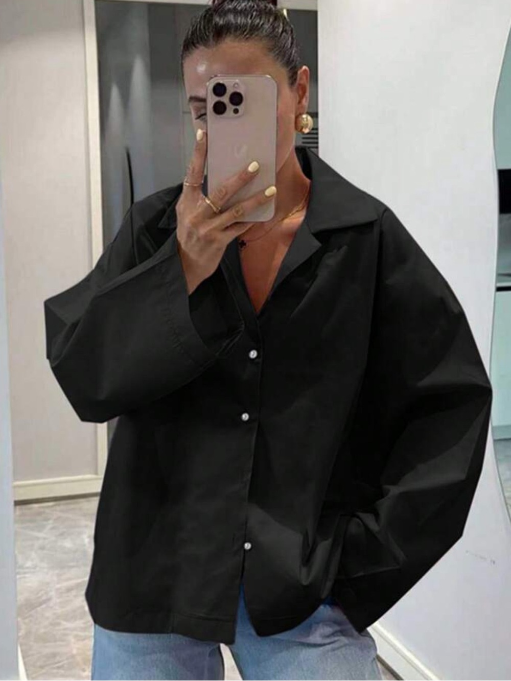 Classic Black Oversized Button-Up Shirt Bell Sleeves
